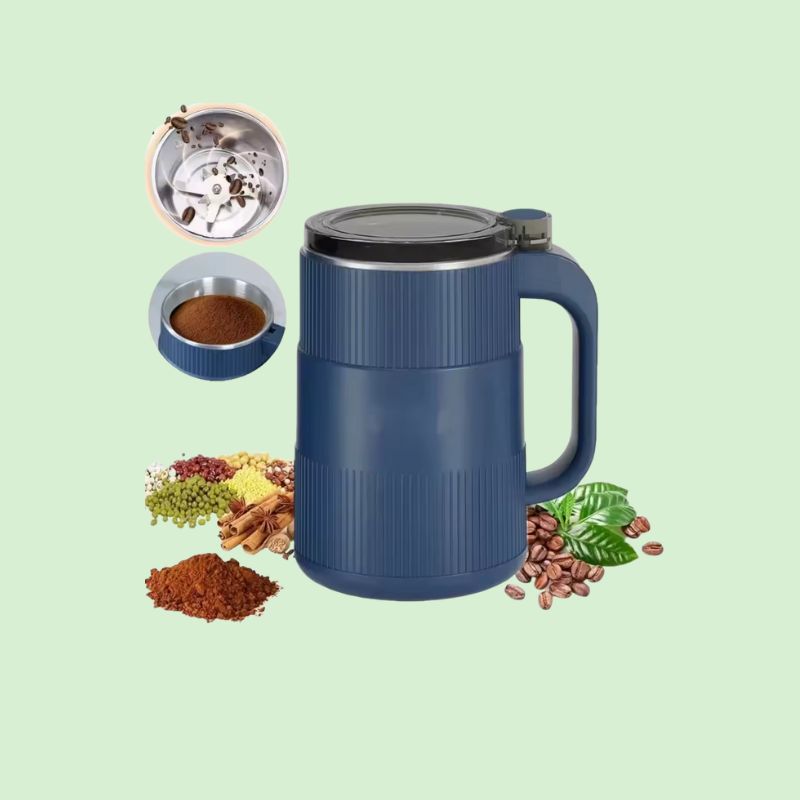 Moulin électrique 220V avec lame et intérieur ouvert entouré de différents produits moulus