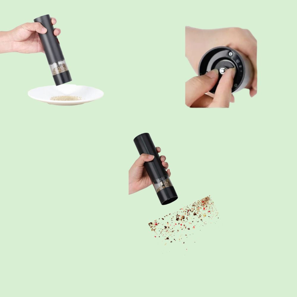 Moulin électrique sel et poivre USB utilisé verticalement avec réglage de mouture.