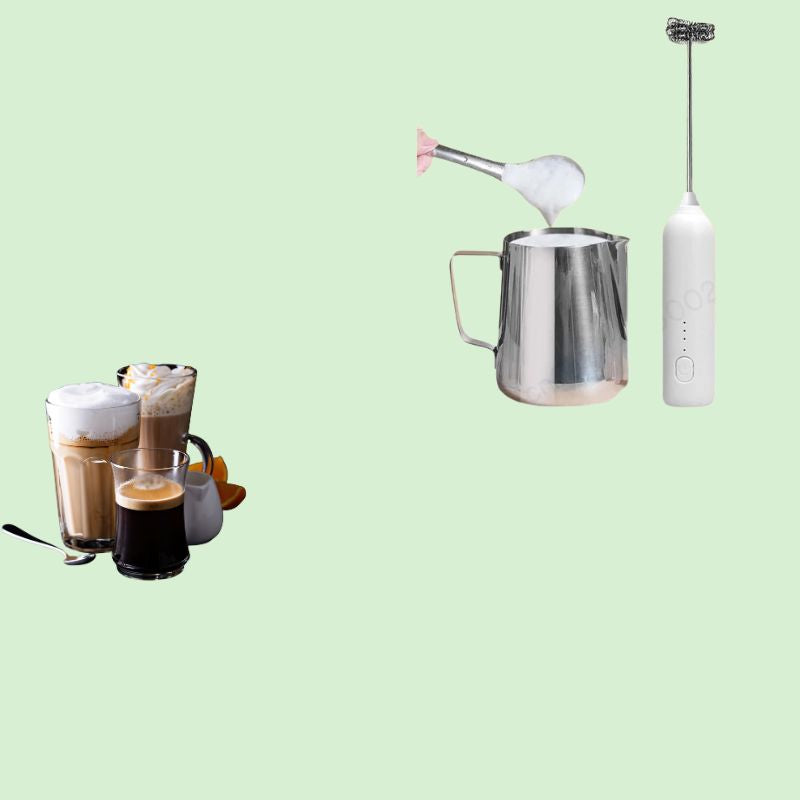 Mousseur à lait électrique avec café mousseux et chocolat chaud à la mousse à côté