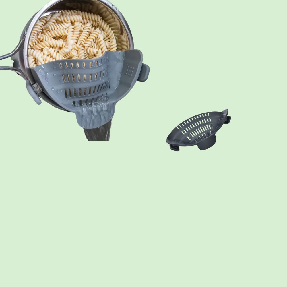 Passoire silicone clip permettant d'égoutter pâtes, légumes et fruits directement dans la casserole