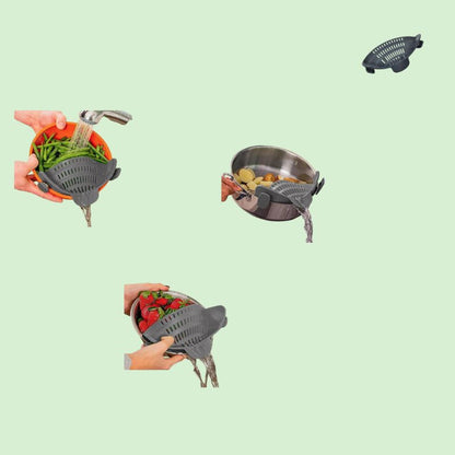 Passoire silicone clip en train d'égoutter des fruits et légumes