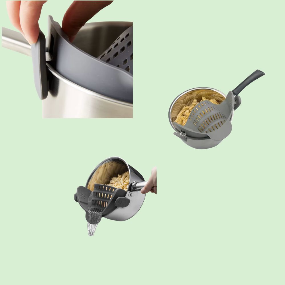 Passoire silicone clip fixée sur le bord d'une casserole pour égoutter les aliments facilement