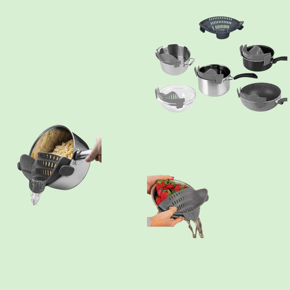 Passoire silicone clip fixée facilement sur casserole pour égoutter pâtes, légumes et fruits