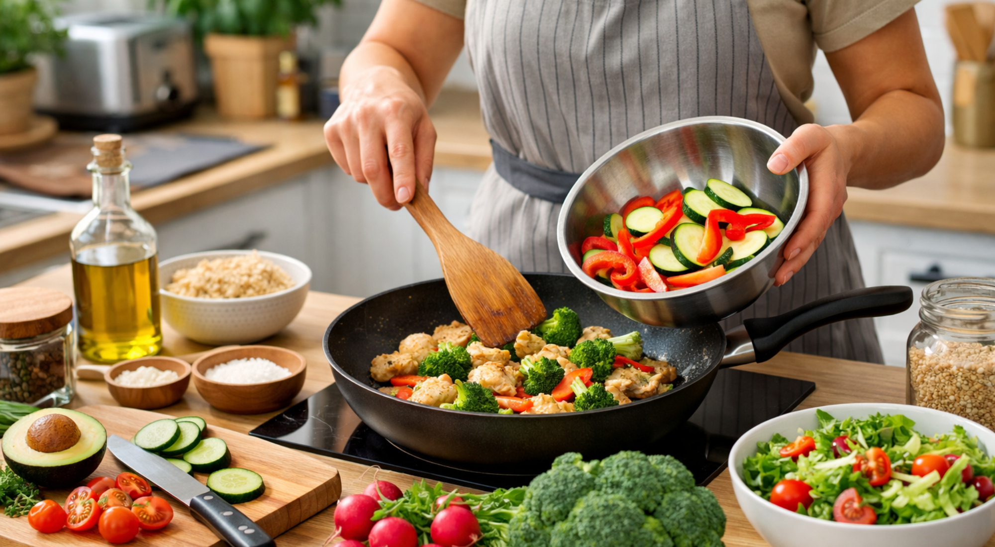 Personne cuisinant un repas sain avec des ustensiles pratiques et des légumes frais
