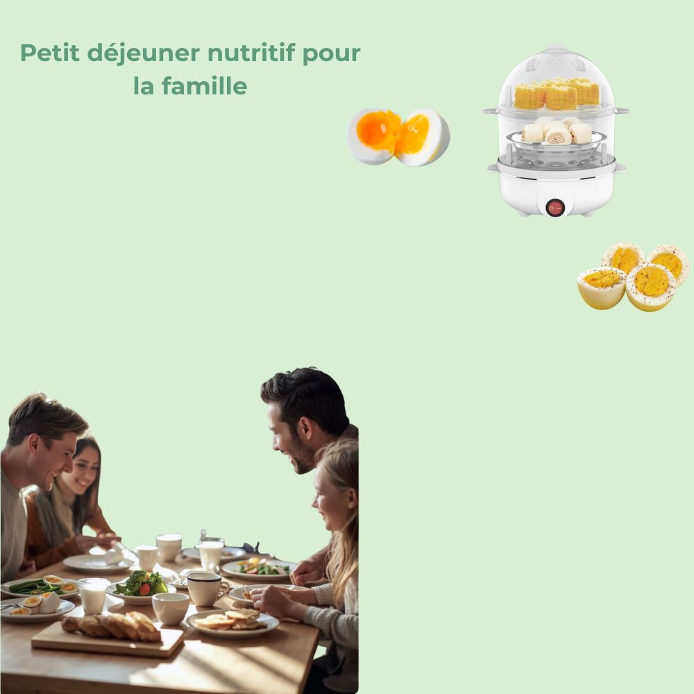 Famille heureuse autour d’un petit-déjeuner avec œufs parfaitement cuits à la vapeur et légumes frais
