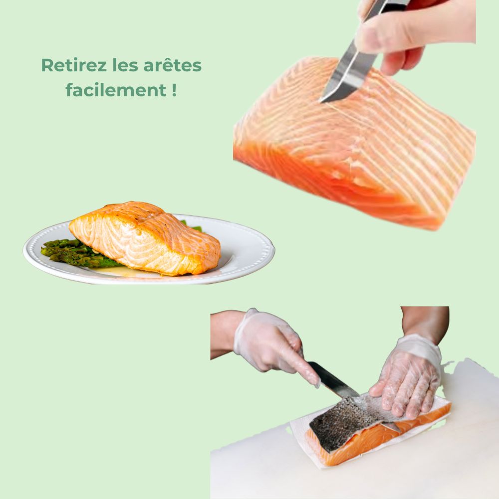 Personne utilisant une pince à arêtes en acier inox pour retirer facilement les arêtes d’un poisson

