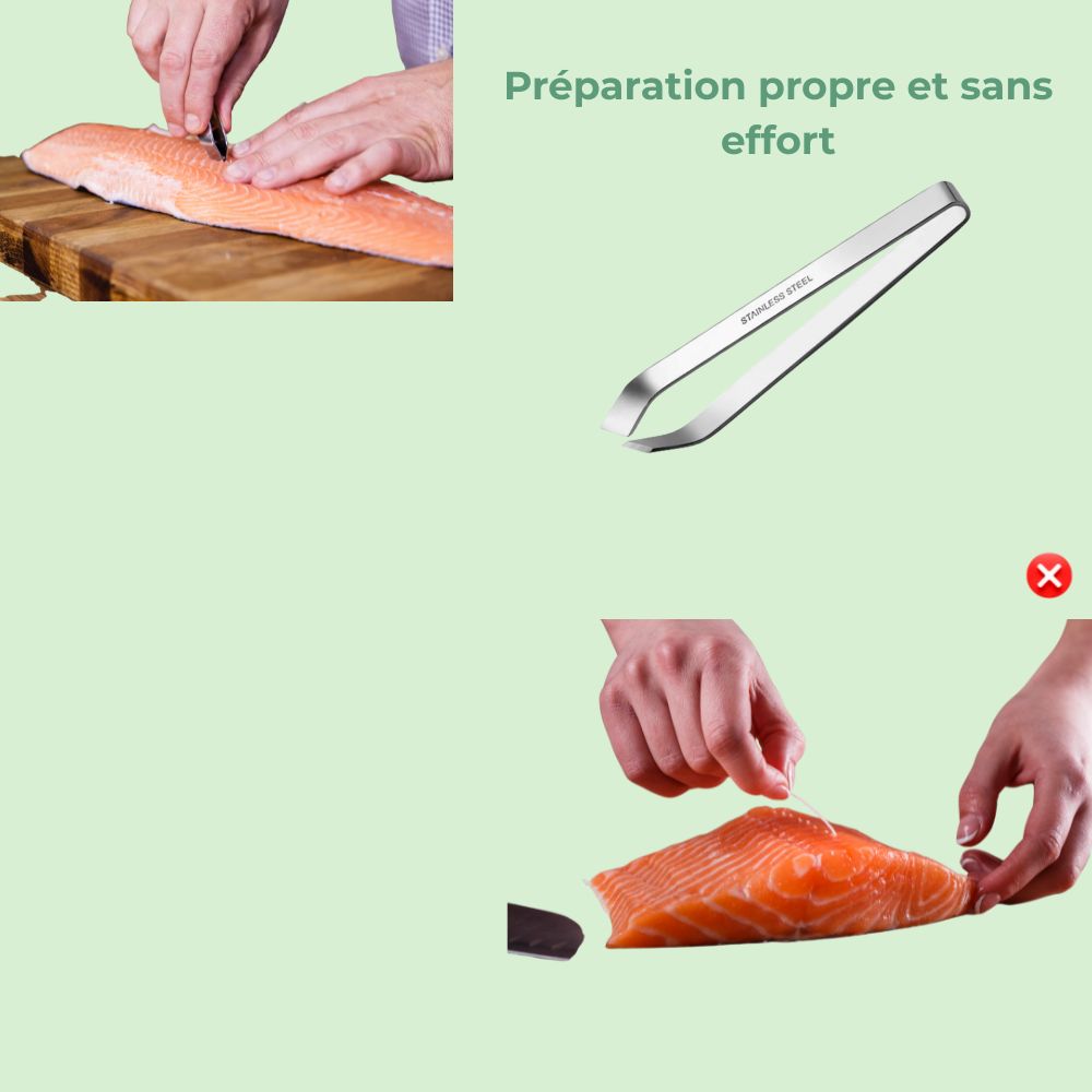 Main utilisant une pince ergonomique pour retirer les arêtes de poisson proprement et en toute sécurité
