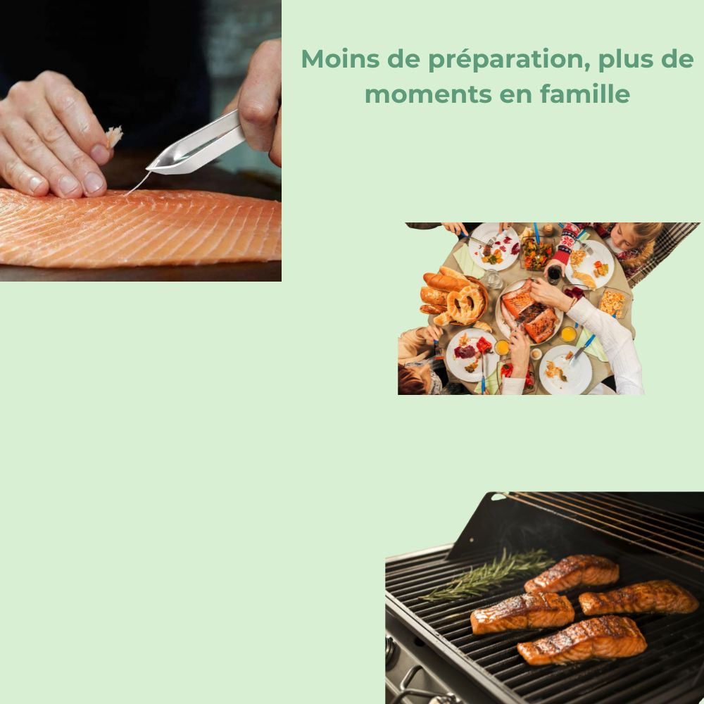 Personne utilisant une pince à arêtes pour désarêter un poisson rapidement et efficacement 
