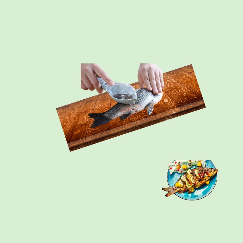 Plan de cuisine propre avec un écailleur de poisson en plastique utilisé.