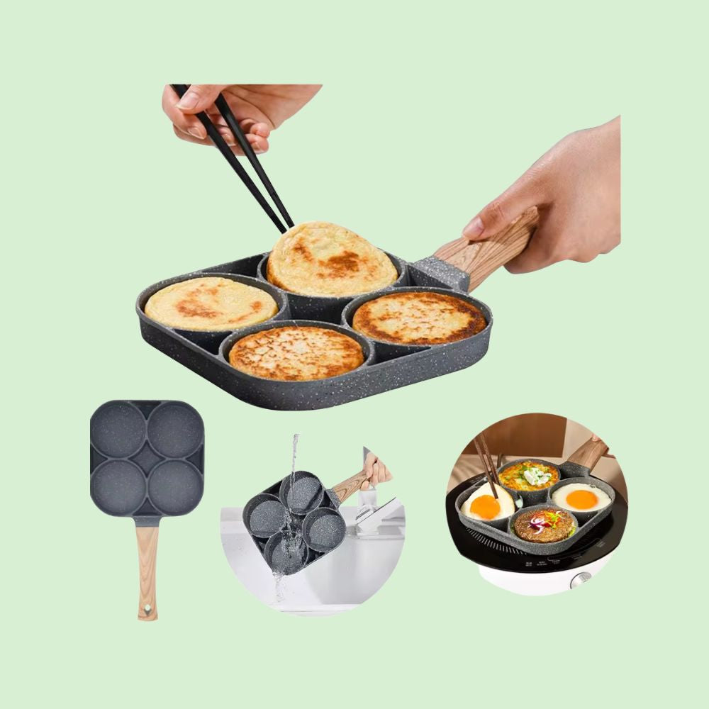 Poêle 4 trous antiadhésive montrant la cuisson facile sans accrocher et un nettoyage rapide
