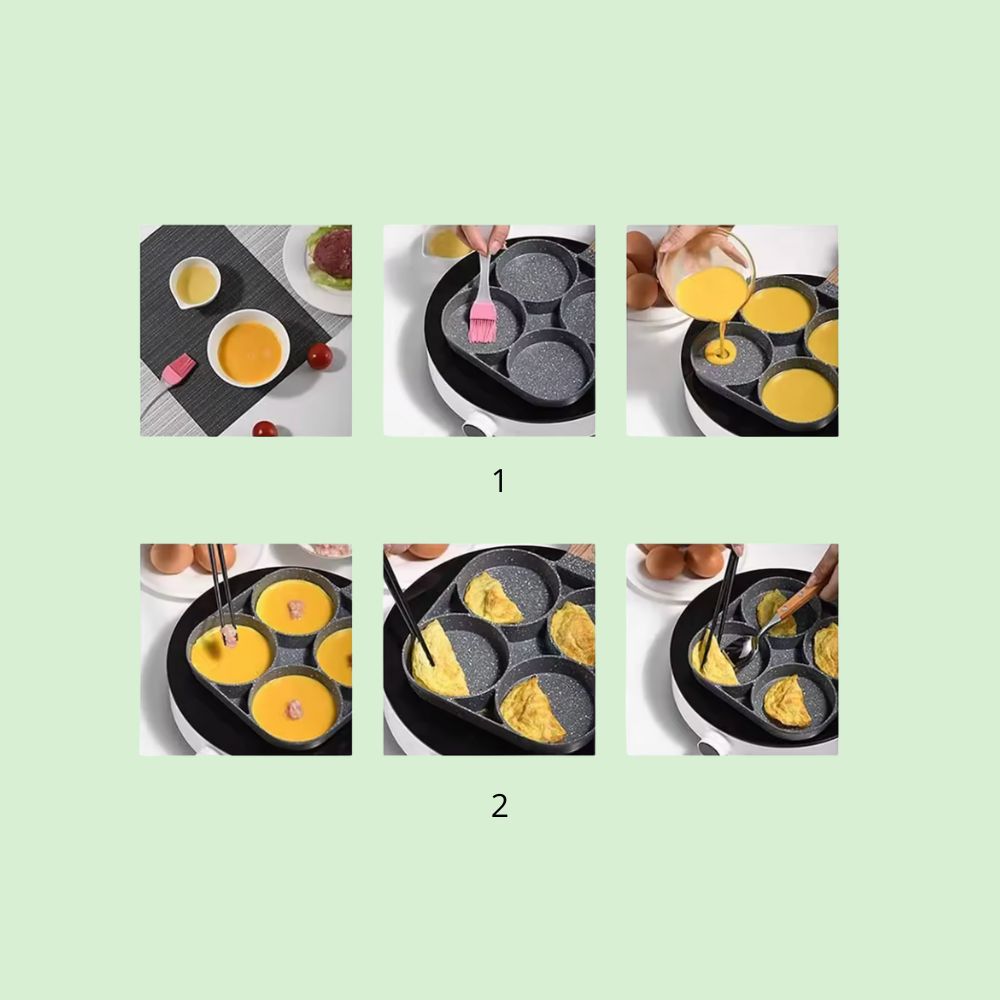 Poêle 4 trous antiadhésive montrant les étapes de cuisson des œufs
