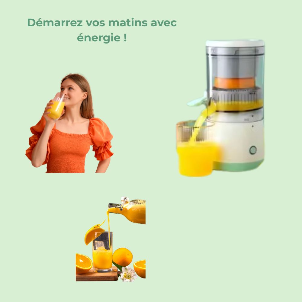 Presse-agrumes compact en train de presser des oranges avec une fille buvant un verre de jus frais à côté
