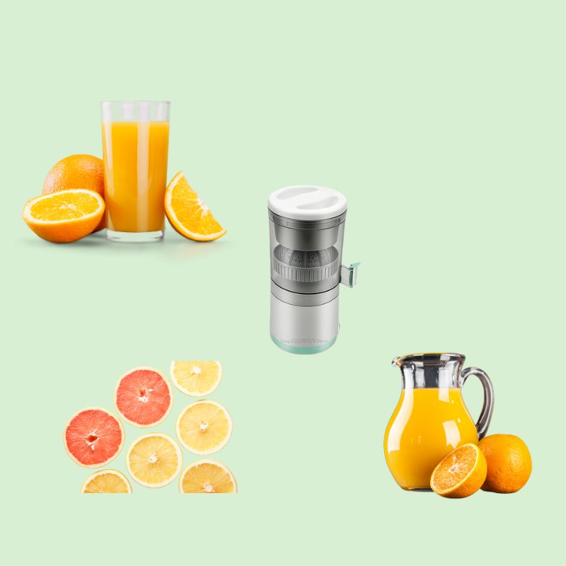 Presse-agrumes manuel à côté d’oranges et d’un verre de jus frais pour oranges

