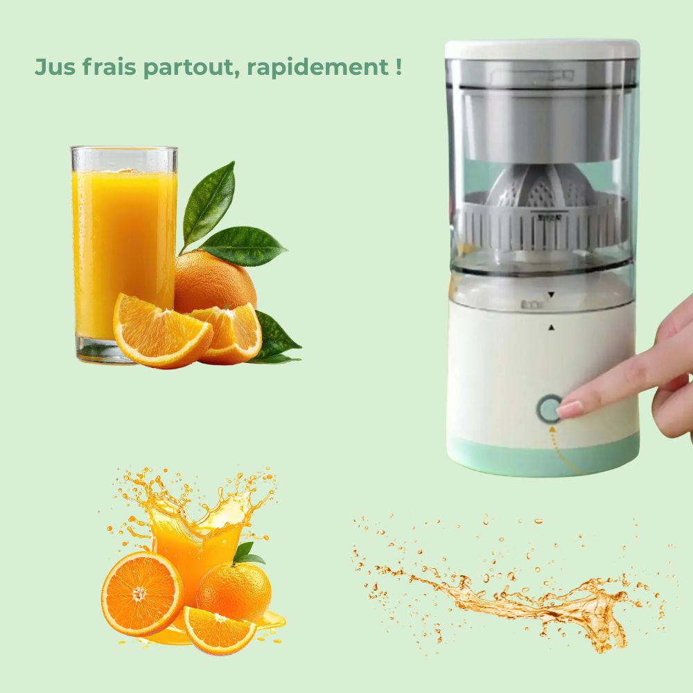 Presse-agrumes compact et rechargeable avec une main montrant la fonction rechargeable et un verre de jus frais

