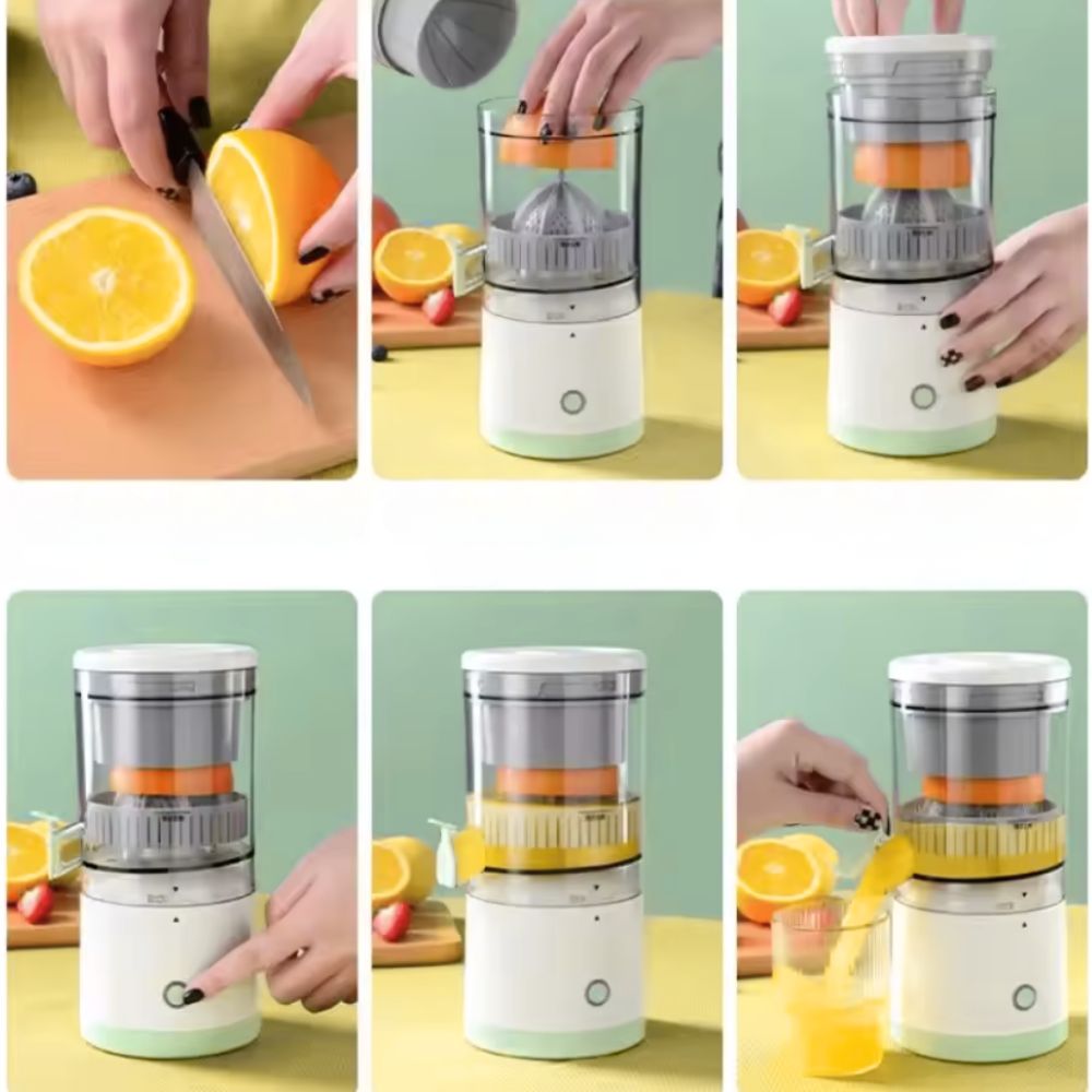 Presse-agrumes compact et rechargeable en train de presser une orange avec un verre de jus frais et des fruits à côté
