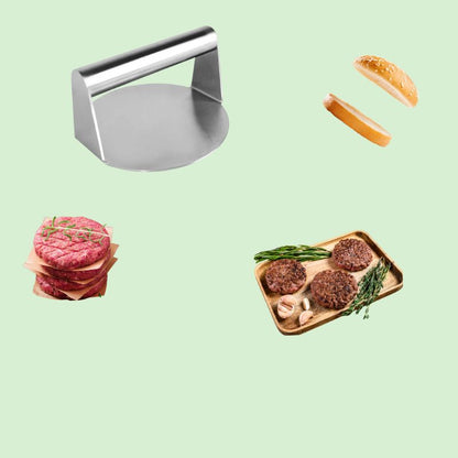 Presse à burger en inox avec steak haché cru d’un côté et steak cuit avec pain à burger de l’autre