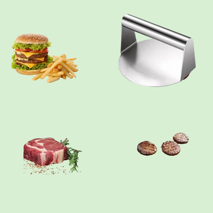 Presse à burger en inox à droite, burger avec frites à gauche, steak en dessous et trois steaks hachés à côté
