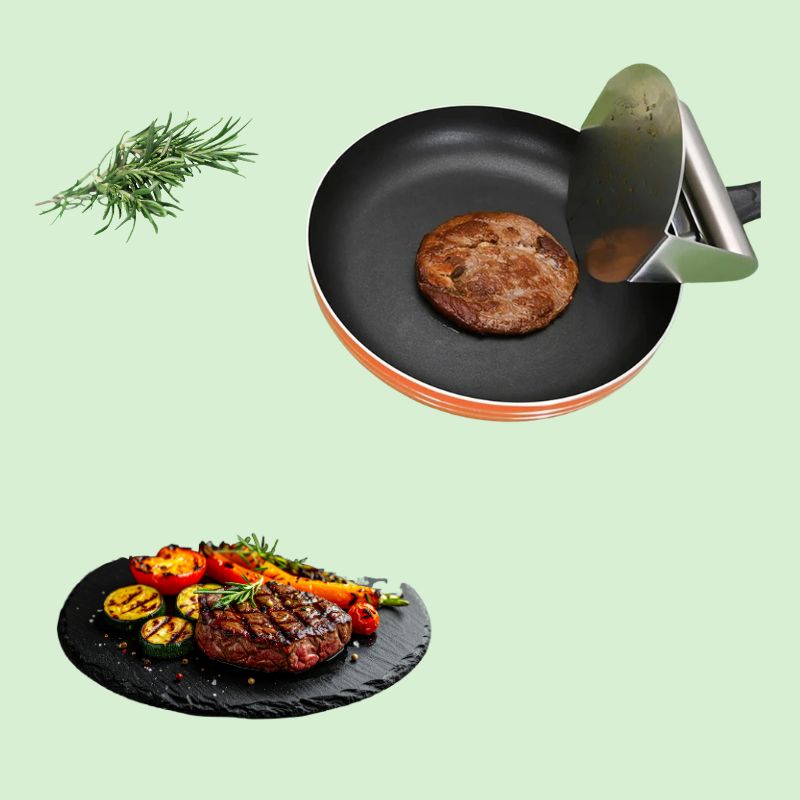 Presse à burger en inox à côté d’un steak cru et d’une assiette avec la viande dressée