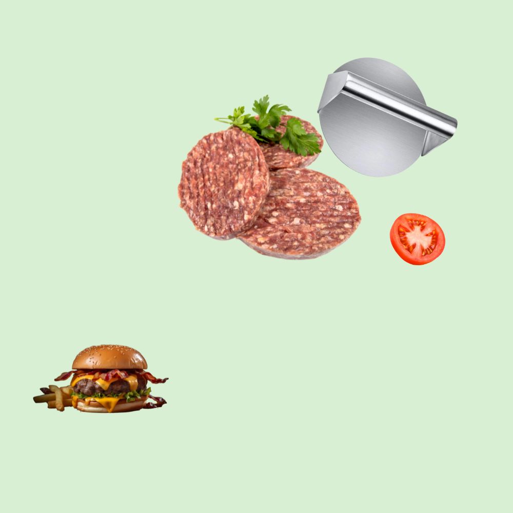 Presse burger inox avec steaks hachés uniformes et burger préparé