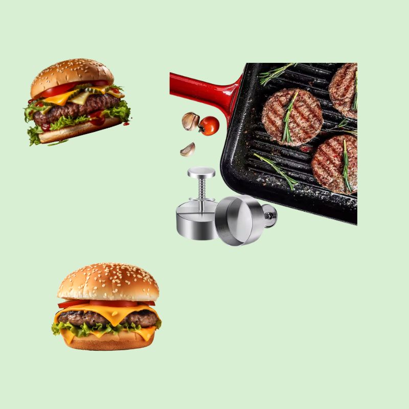 Presse à hamburger en inox placée à côté de burgers et de steaks hachés cuits, montrant le résultat final après utilisation.