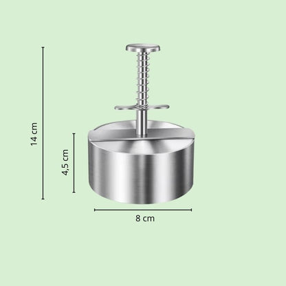 Presse à hamburger en inox avec ses dimensions visibles, montrant la taille du produit.
