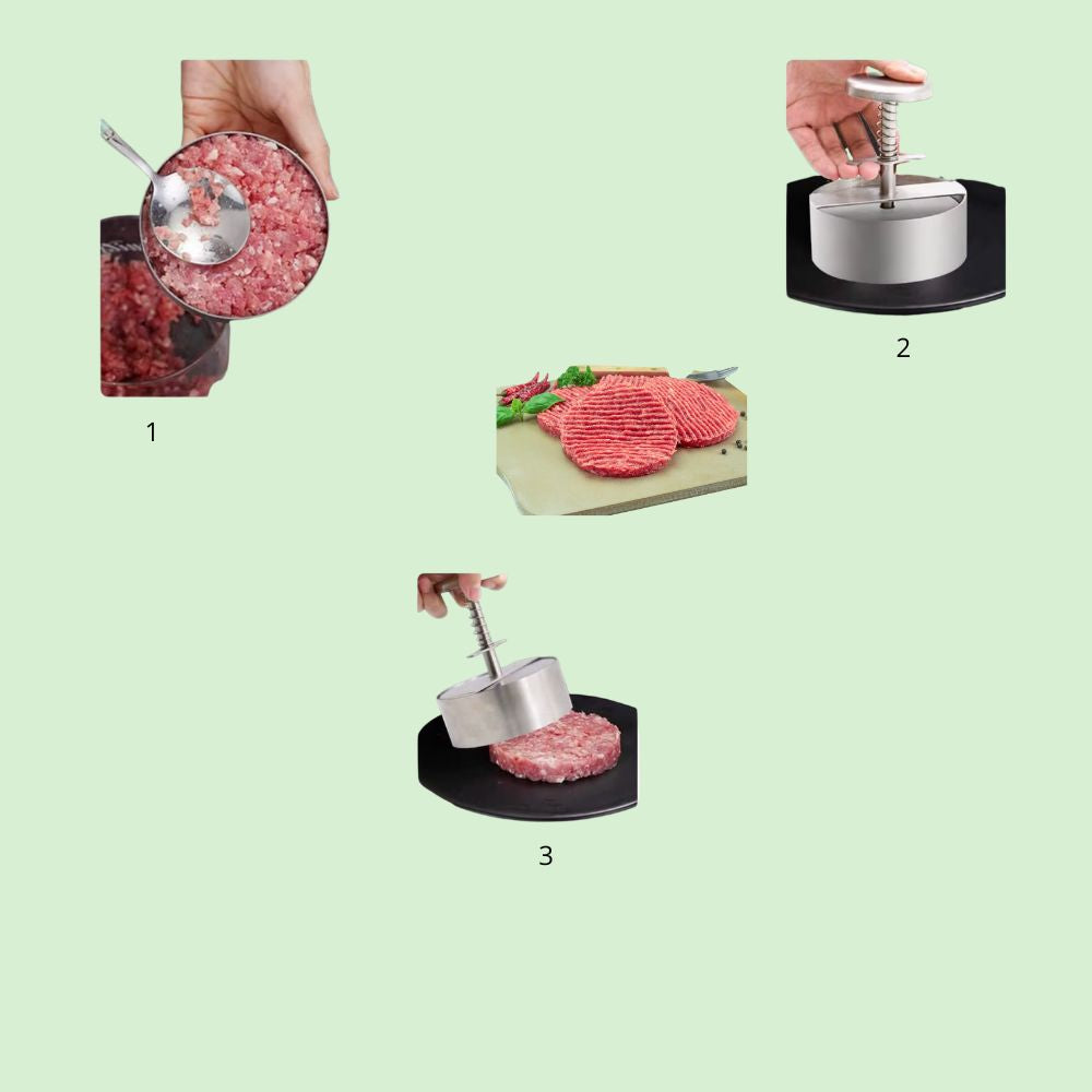 Étapes d’utilisation d’une presse à hamburger en inox pour former et démouler facilement des galettes de viande hachée.