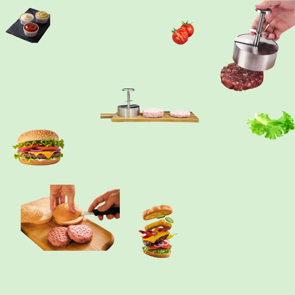 Presse à hamburger en inox montrant des galettes uniformes, parfaites pour des burgers équilibrés et savoureux faits maison 