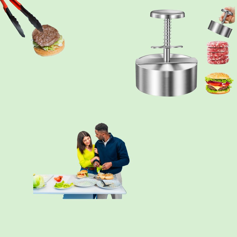 Presse à hamburger en inox avec prise en main intuitive, permettant de préparer facilement des burgers en famille ou entre amis.