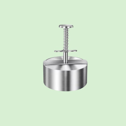 Presse à hamburger en inox présentée seule, prête à l’utilisation.