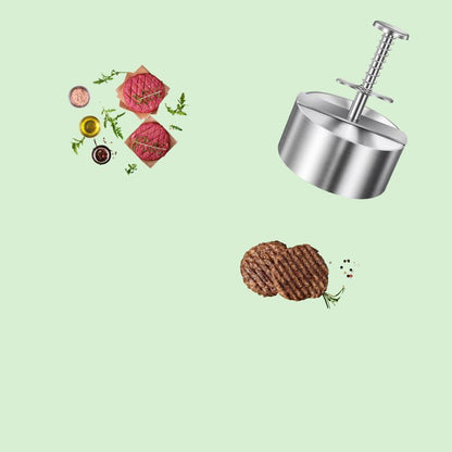 Presse à hamburger en inox avec steak haché cru à gauche et steak cuit en bas