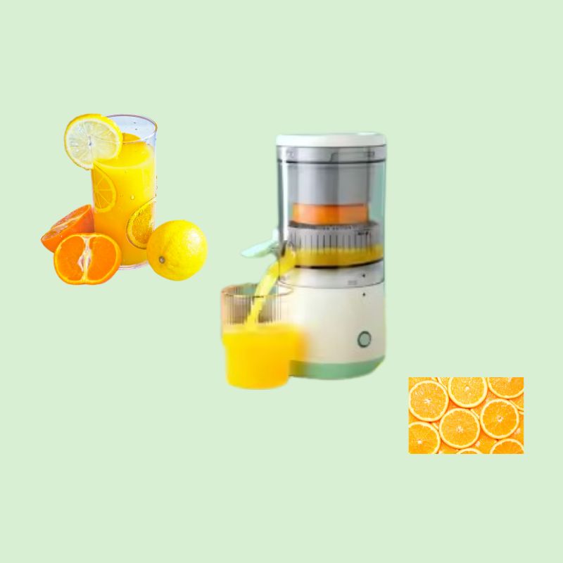 Presse-agrumes manuel vert clair à côté d’oranges et d’un verre de jus frais
