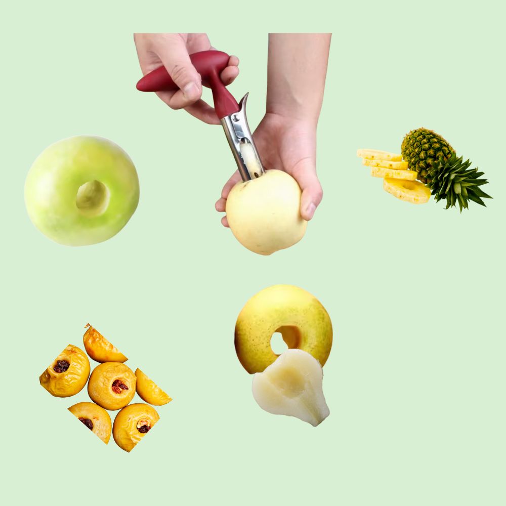 Vide-pomme ou coupe-fruits conservant la forme et la chair des fruits, prêts à être servis