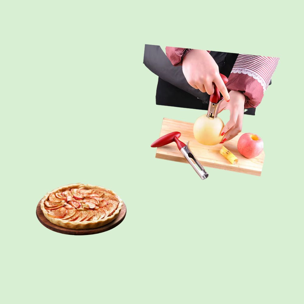 Vide-pomme en train d’enlever le cœur d’une pomme, cœur posé à côté, tarte aux pommes préparée en dessous